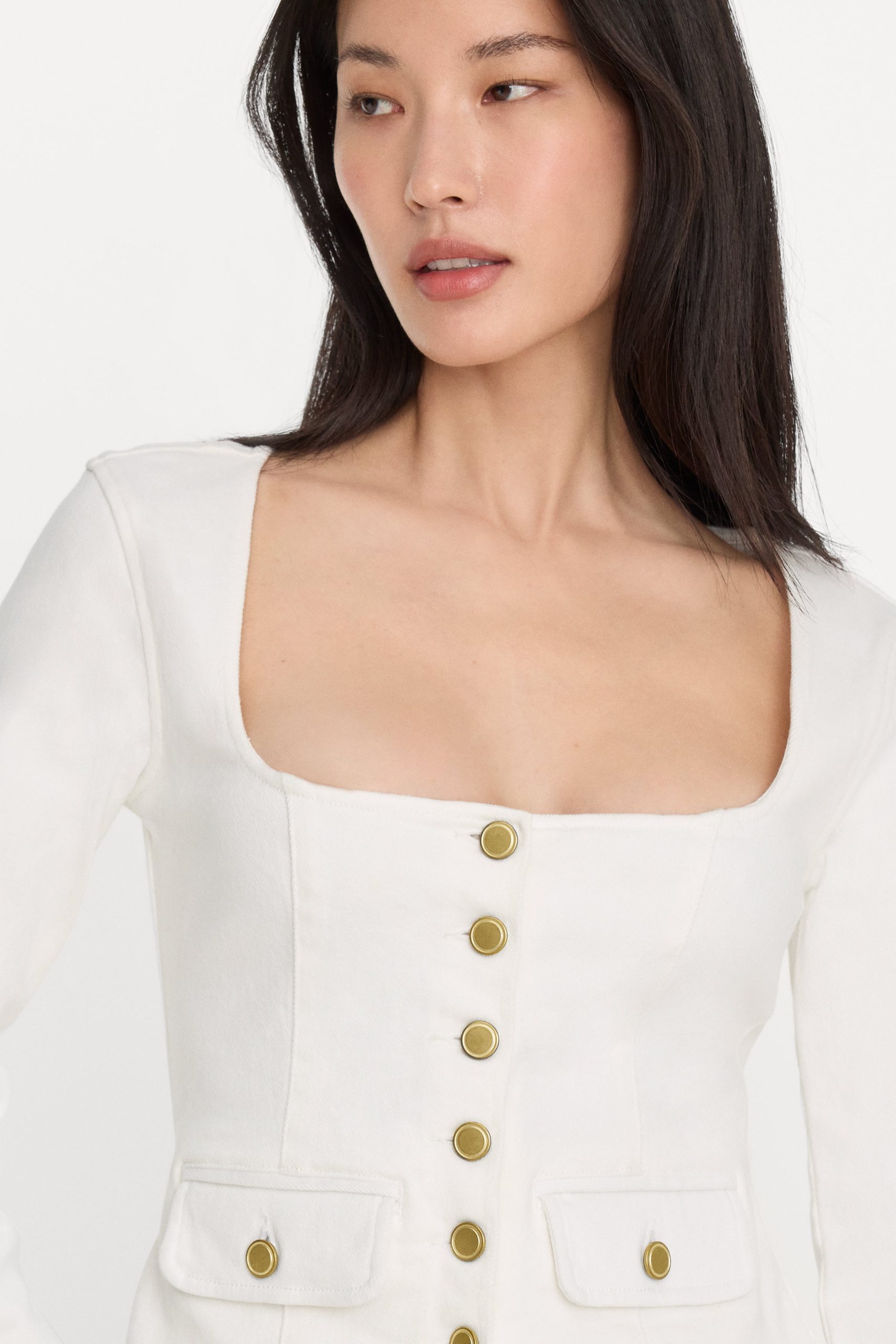 DENIM FITTED BUTTON FRONT JACKET | COTTON WHITE - Image 2