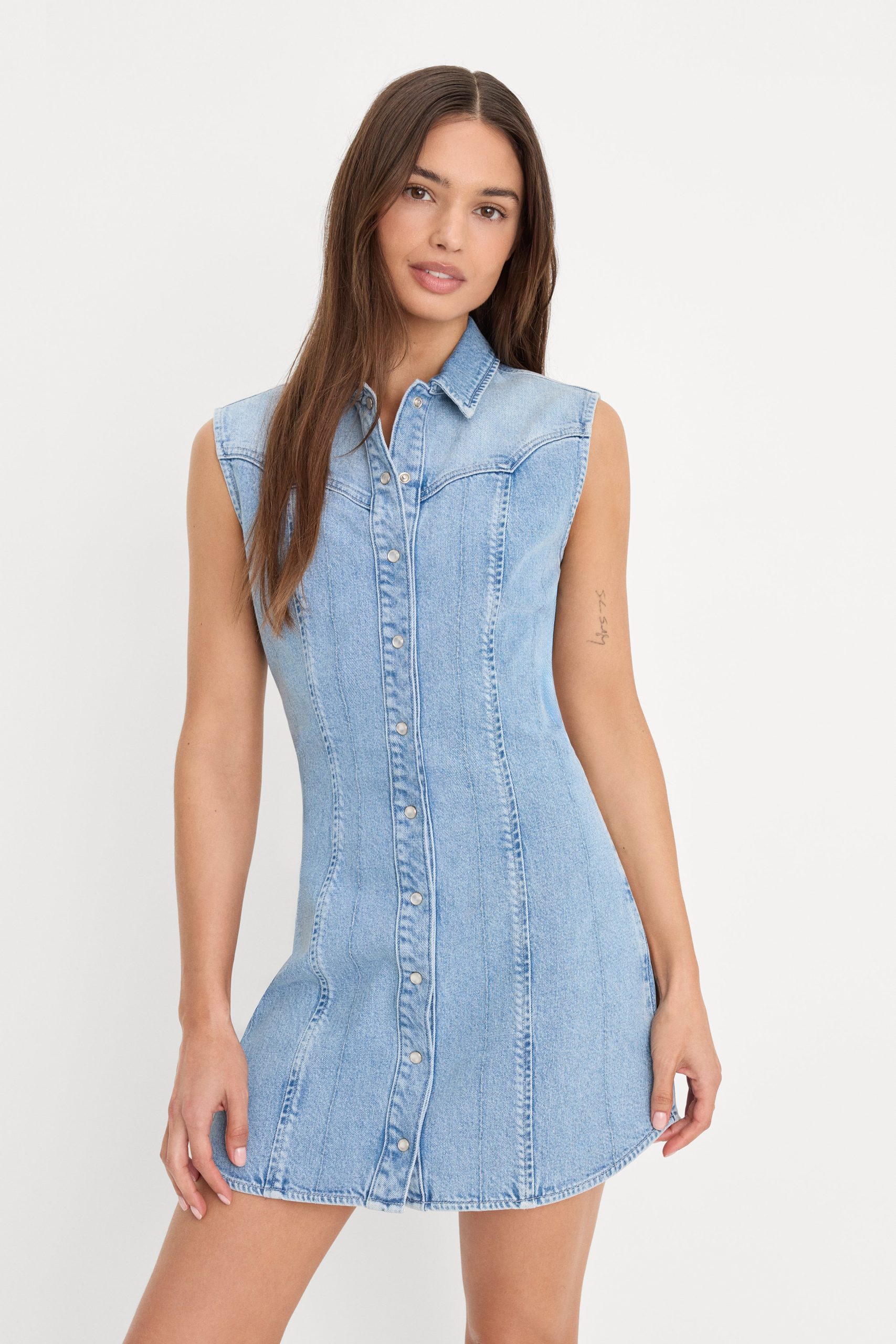 DOLLY SLEEVELESS DENIM MINI DRESS | LIGHT BLUE - Image 2