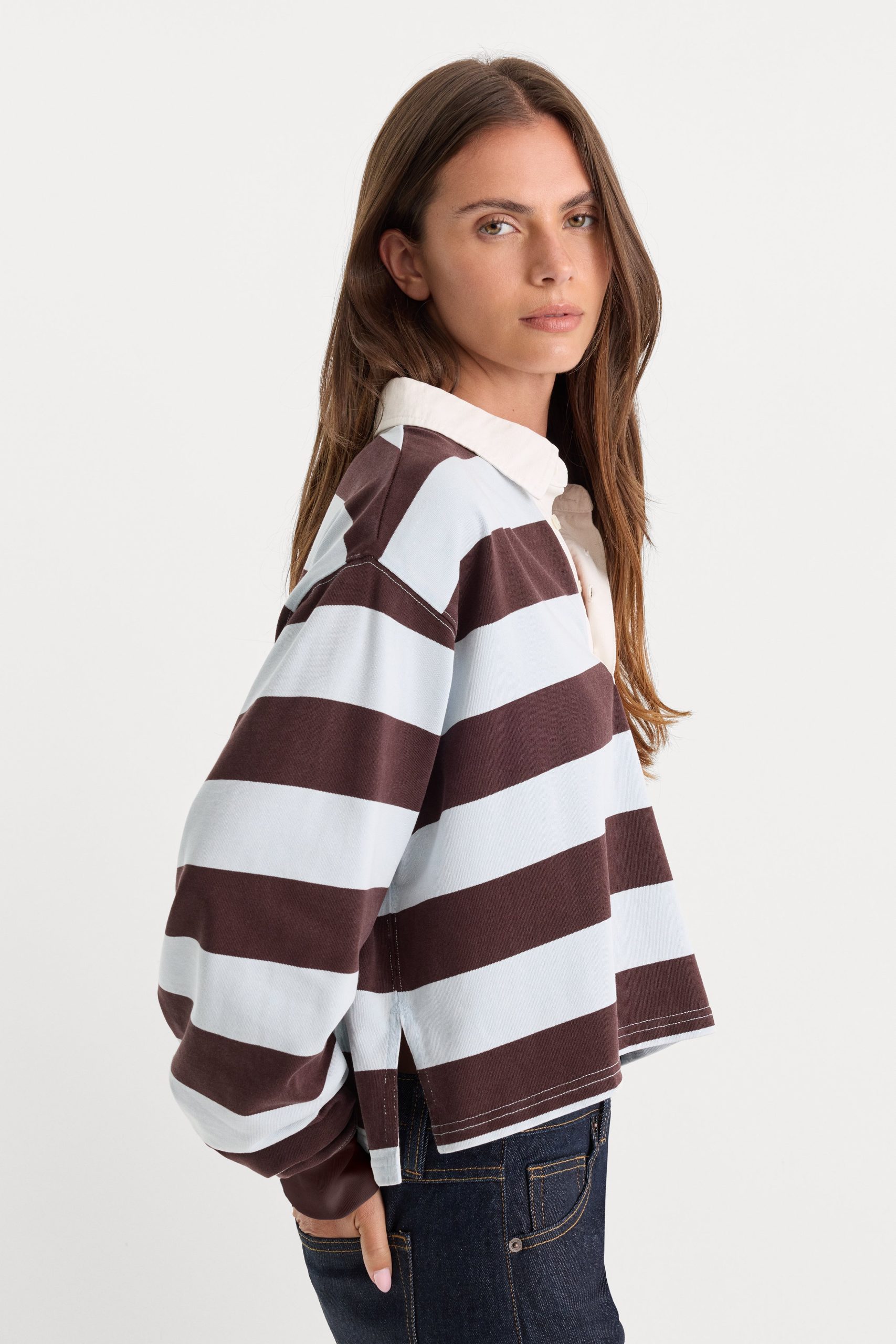 THE CROPPED RUGBY POLO | ESPRESSO SKY BLOCK STRIPE - Image 2