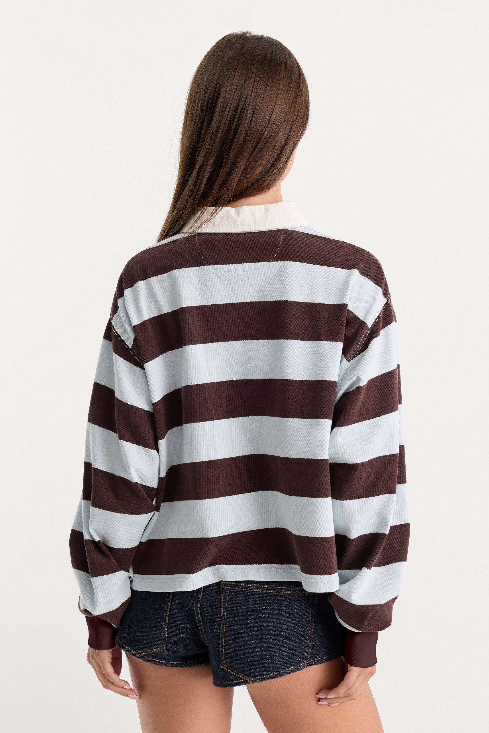 THE CROPPED RUGBY POLO | ESPRESSO SKY BLOCK STRIPE - Image 3